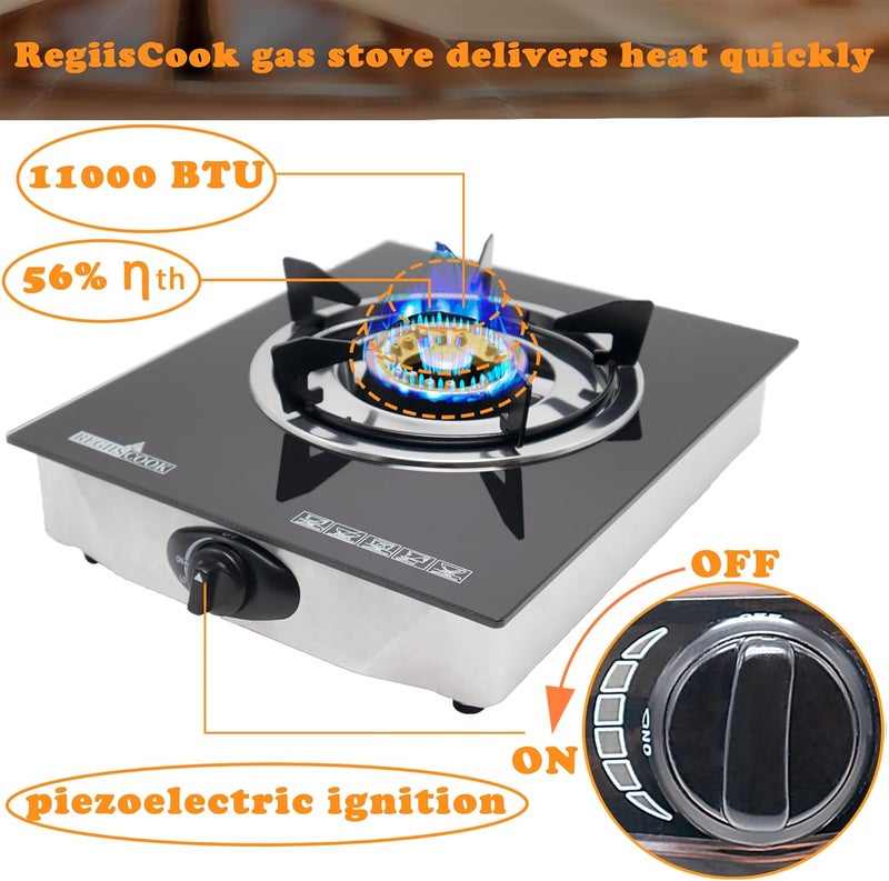 RegiisCook 1 Burner Propane Gas Cooktop,Camping Portable LPG Gas Stove, Auto Ignition Tempered Glass Countertop Regulator and Burner Grate - Image 3